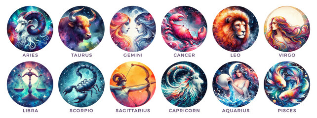 Zodiac Signs in Vivid Cosmic Splendor. Watercolor Astrological Signs. Generative AI. - 751407788