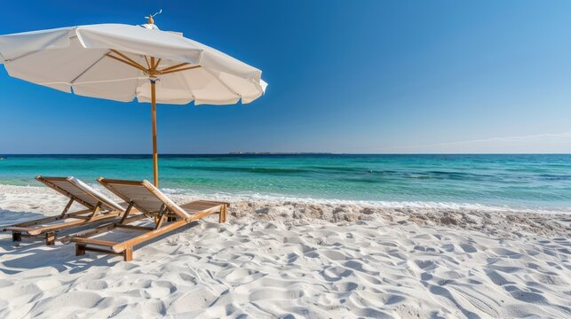 The picture of a white beach umbrella and comfort outdoor lay chair placed on soft white sand at the beach under blue sky and sun shines