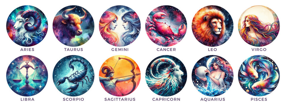 Zodiac Signs in Vivid Cosmic Splendor. Watercolor Astrological Signs. 