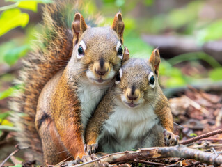 Fototapeta premium A mother squirrel protecting her baby in the forest.