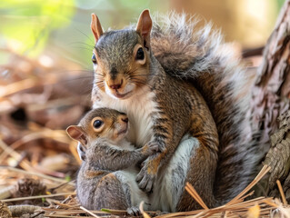 Fototapeta premium A mother squirrel protecting her baby in the forest.