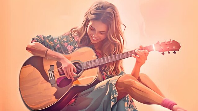 girl playing guitar, 3d illustration