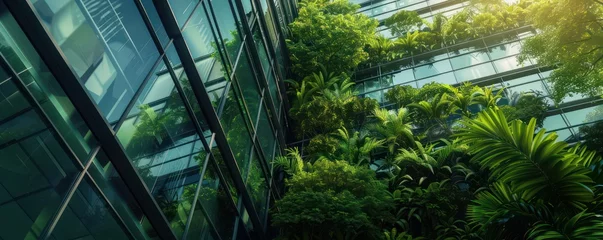 Fotobehang Architecture image with a modern glass building with a lot of green plants trees and bushes for business architecture environmental friendly and eco-concept © Andrey
