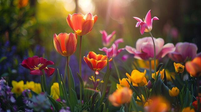 Spring Awakening: An image showcasing vibrant flowers blooming in a garden, symbolizing renewal and new beginnings associated with the spring season.  Generative AI