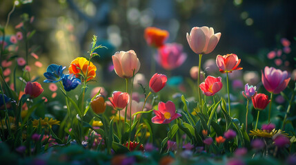 Spring Awakening: An image showcasing vibrant flowers blooming in a garden, symbolizing renewal and new beginnings associated with the spring season.  Generative AI - obrazy, fototapety, plakaty