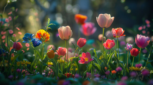 Spring Awakening: An image showcasing vibrant flowers blooming in a garden, symbolizing renewal and new beginnings associated with the spring season.  Generative AI