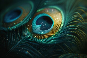 Extreme Macro Shot of Peacock Feathers. Rich Blues and Greens with Golden Hues. Luxurious Texture and Sparkling Water Droplets. Beauty of Nature. Earth Day. AI Generated