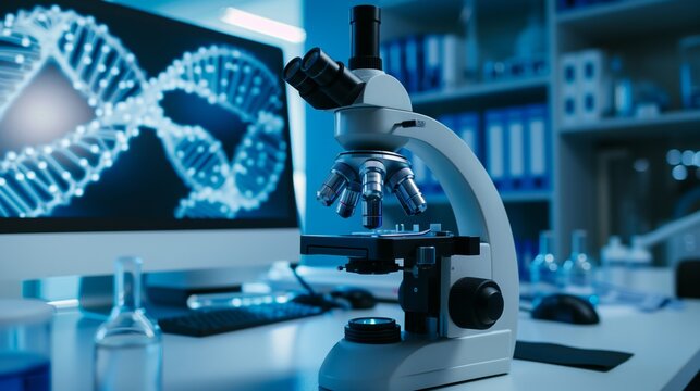 Microskop im Labor oder in einer Praxis in der Forschung. Arbeitszimmer in der Wissenschaft.