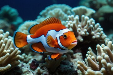 Fototapeta na wymiar Shoot of a ocellaris clownfish among coral reefs