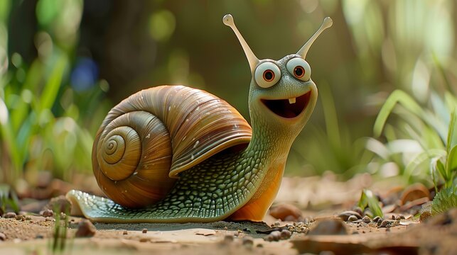 Lustige Cartoon Schnecke geht spazieren. Weinbergschnecke mit Schneckenhaus lacht und freut sich.