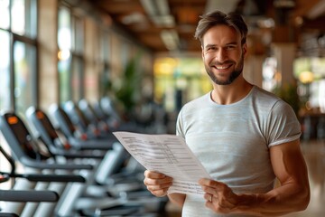 The man stands in front of a gym, holding a membership renewal form in one hand and clutching his belly with the other - obrazy, fototapety, plakaty