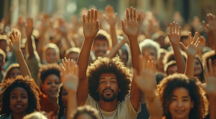 people of different ethnicities come together for a community service project, raising their hands in a gesture of collaboration and commitment to making a positive impact in their local area - obrazy, fototapety, plakaty