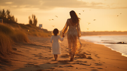 Mother walking with her child along a beach park at sunset - obrazy, fototapety, plakaty