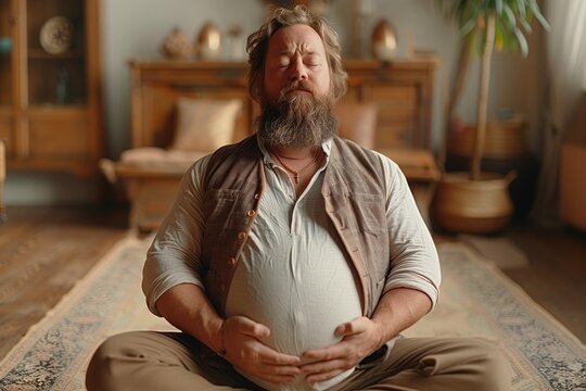 The man attempts a yoga pose, struggling to reach his toes as his belly gets in the way, capturing the comedic aspect of trying to maintain flexibility with extra weight 