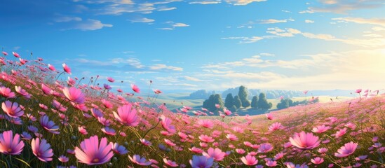 Fototapeta na wymiar A vast field filled with pink cosmos flowers stretches under a clear blue sky. The vibrant pink blooms contrast beautifully against the bright blue backdrop, creating a stunning natural spectacle.