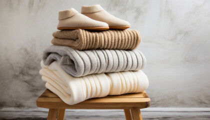 Cozy Winter Wardrobe: Stack of Neutral Clothes on Wooden Stool