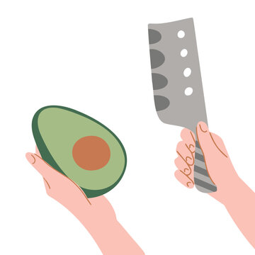 avocado held, knife held, hands, white background clip art preview