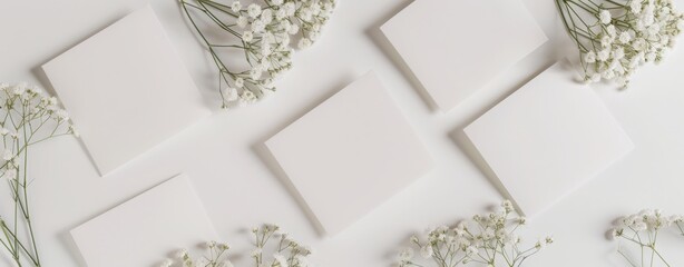 Spring Inspiration Unveiled: A Top-Down View of Clean White Postcards with Delicate Flowers