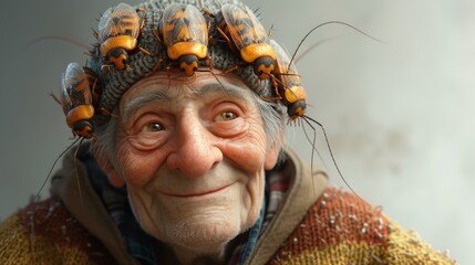 An elderly man with cockroaches on his head on a gray background. 3d illustration