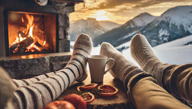 couple feet by the cozy fireplace. Man and Woman relaxes by warm fire with a cup of hot drink and warming up her feet. Close up on feet. Winter and Christmas holidays concept