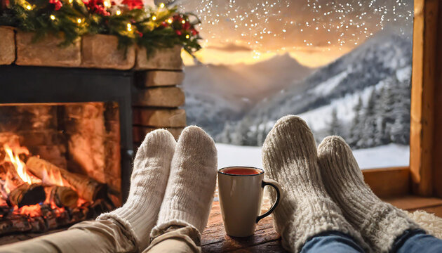 Couple Feet By The Cozy Fireplace. Man And Woman Relaxes By Warm Fire With A Cup Of Hot Drink And Warming Up Her Feet. Close Up On Feet. Winter And Christmas Holidays Concept