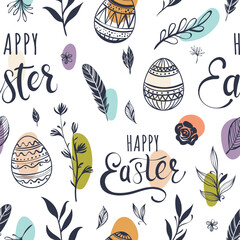 Seamless Easter pattern with eggs and spring twigs - 751410560