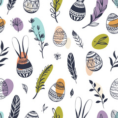 Seamless Easter pattern with eggs and spring twigs - 751410564