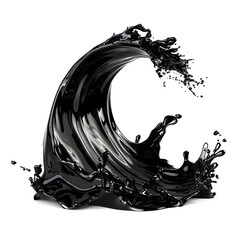 Black oil wave splash, liquid ink flow swirl or petrol and paint with drops splatter Isolated on white background.