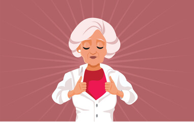 Super Grandmother Revealing Her Costume Vector Cartoon Character. Cheerful granny showing her identity as a superhero 
