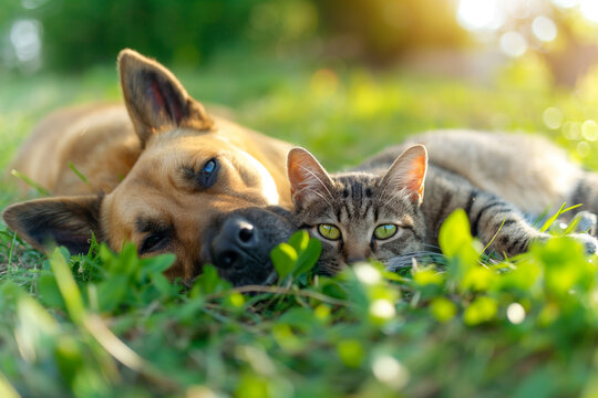 Front view of a Dog and cat enjoying a hug, Lying together on the grass
