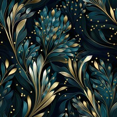 abstract pattern with blue and golden leaves on black background, in the style of dark teal and light gold, exotic, soft-edged, nature, eye-catching generative AI - 751410756