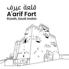 Translation - Aarif Font. Skycraper Tower in Riyadh Saudi Arabia Skyline City. Line art style
