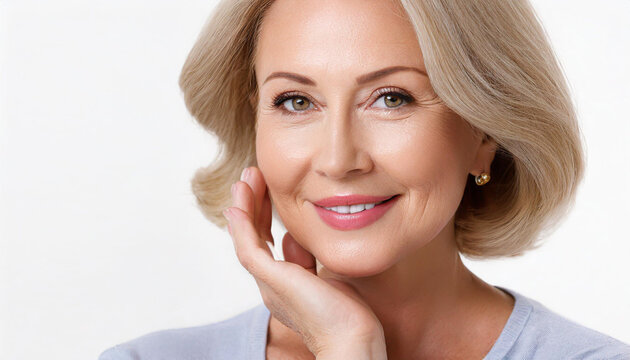 Beautiful gorgeous 50s mid aged mature woman looking at camera isolated on white. Mature old lady close up portrait. Healthy face skin care beauty, middle age skincare cosmetics, cosmetology concept