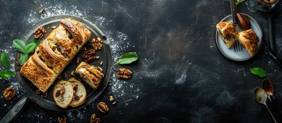 A plate with sliced bread, nuts, and a mixture of apple, raisin, and walnut strudel on a dark...