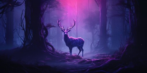 Vibrant purple neon lit deer stands in a darkened forest, creating an ethereal ambiance
