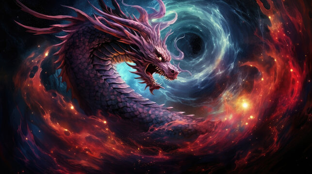 Cosmic dragon in space, cosmic abstract background. Chinese Dragon Zodiac sign. Colorful dragon nebulae, shimmering stars, and dust clouds. Constellation stars in outer space