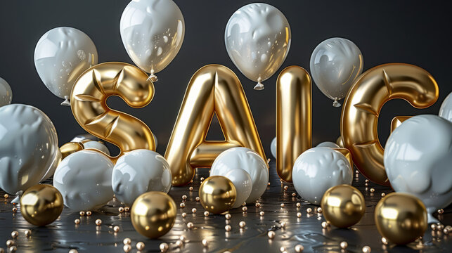 SALG banner with white and gold floating balloons.