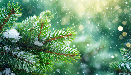 Beautiful green fir tree branches close up. Christmas and winter concept