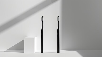 black plastic toothbrushes set against a backdrop of light white and light black, showcasing an asymmetric balance that adds visual interest and sophistication to the composition.