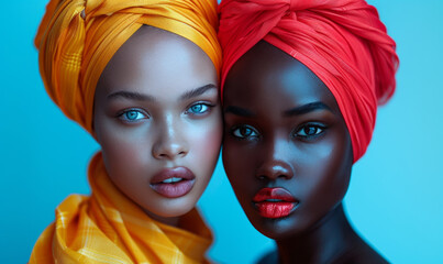 Multi-Ethnic women with different types of skin together against a blue background. Diverse ethnicity women - African and Caucasian.