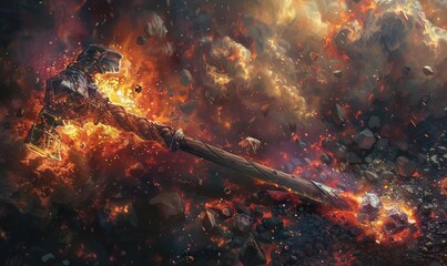 a huge hammer staff pulsing with fiery power Magical artifact laying atop a pile of ashes Magic the gathering art - obrazy, fototapety, plakaty