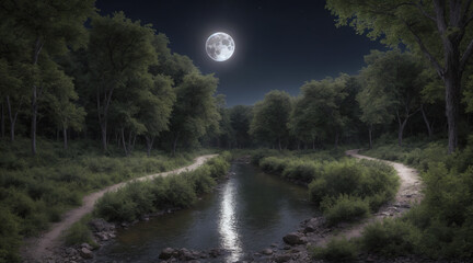 Fototapeta na wymiar Night landscape with big moon