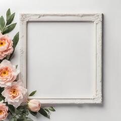 Square photo frame with flower in corner on white background