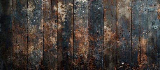A close-up view of a dark brown wooden wall with peeling paint, showcasing a grunge texture and aged appearance. The worn paint reveals the raw wood underneath, creating a visually captivating scene.
