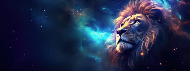 African lion, mane infused with stardust, gazes nobly against a backdrop of celestial bodies, nebulae, and a distant planet, embodying cosmic majesty.