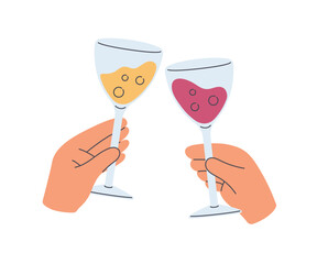 Couple hands with wine glasses cheering together. Celebrate a drink on a special day. Flat cartoon style vector illustration isolated on white background