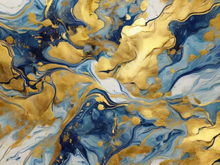 High resolution. Luxury abstract fluid art painting in alcohol ink technique, mixture of dark blue, gray and gold paints. Imitation of marble stone cut, glowing golden veins. Tender and dreamy design.