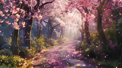 Obraz na płótnie Canvas a path with beautiful spring sakura flowers on cherry blossom trees. .