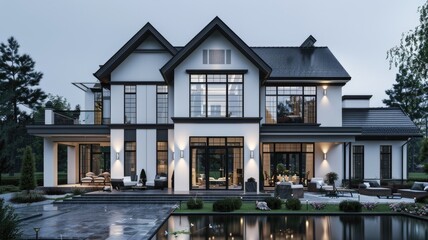 a house adorned in white-black colors, exuding the essence of Nordic style with its clean lines, minimalist design, and harmonious balance of light and dark elements.