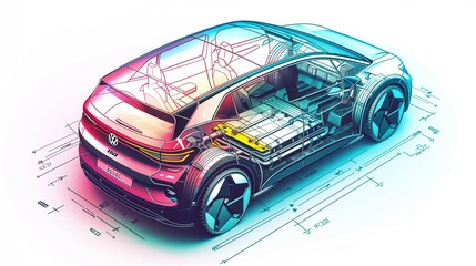 Illustration of modern battery pack in a fictional modern car.